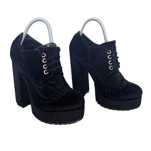 Jeffrey Campbell Shoes - Jeffrey Campbell Pomeroy Black Velvet Platform Brogue Heel Boots 8.5 Y2K Goth